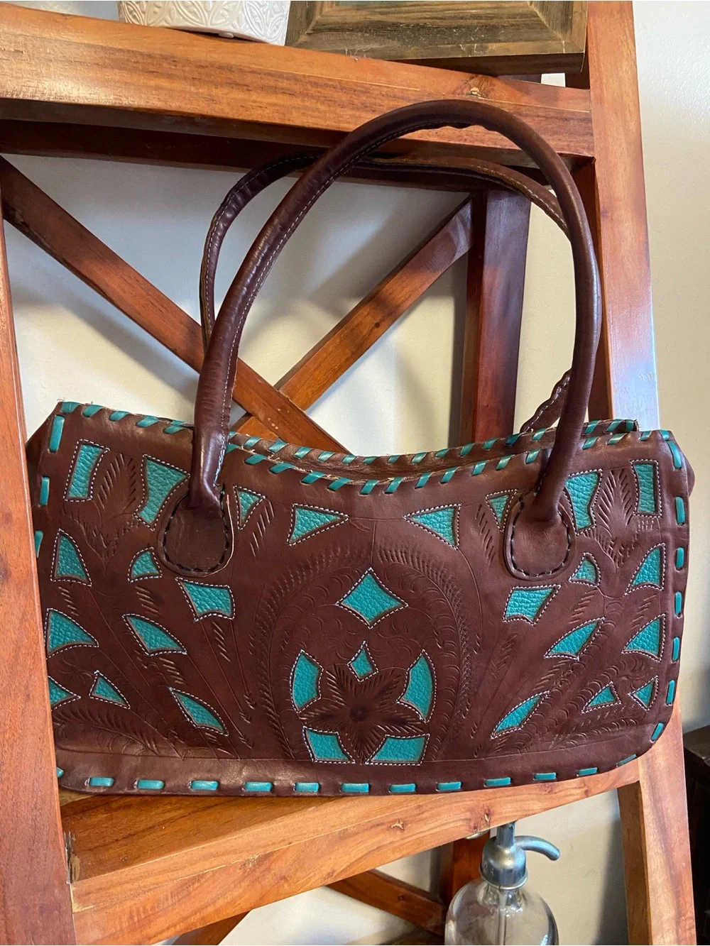 Leaders in Leather Paraguay Handbag Hand Tooled Cutout Satchel Brown Teal EUC